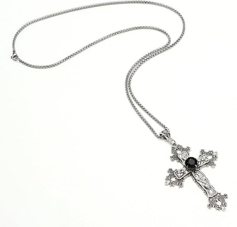 SHUS LIVE Gothic Cross Necklace Silver-Tone Pendant with Glass Stone, on 25” Steel Chain, Cross Necklace for Women, Large Goth Silver Cross Necklaces for Man, Big y2k Necklaces, Halloween Jewelry - Image 2